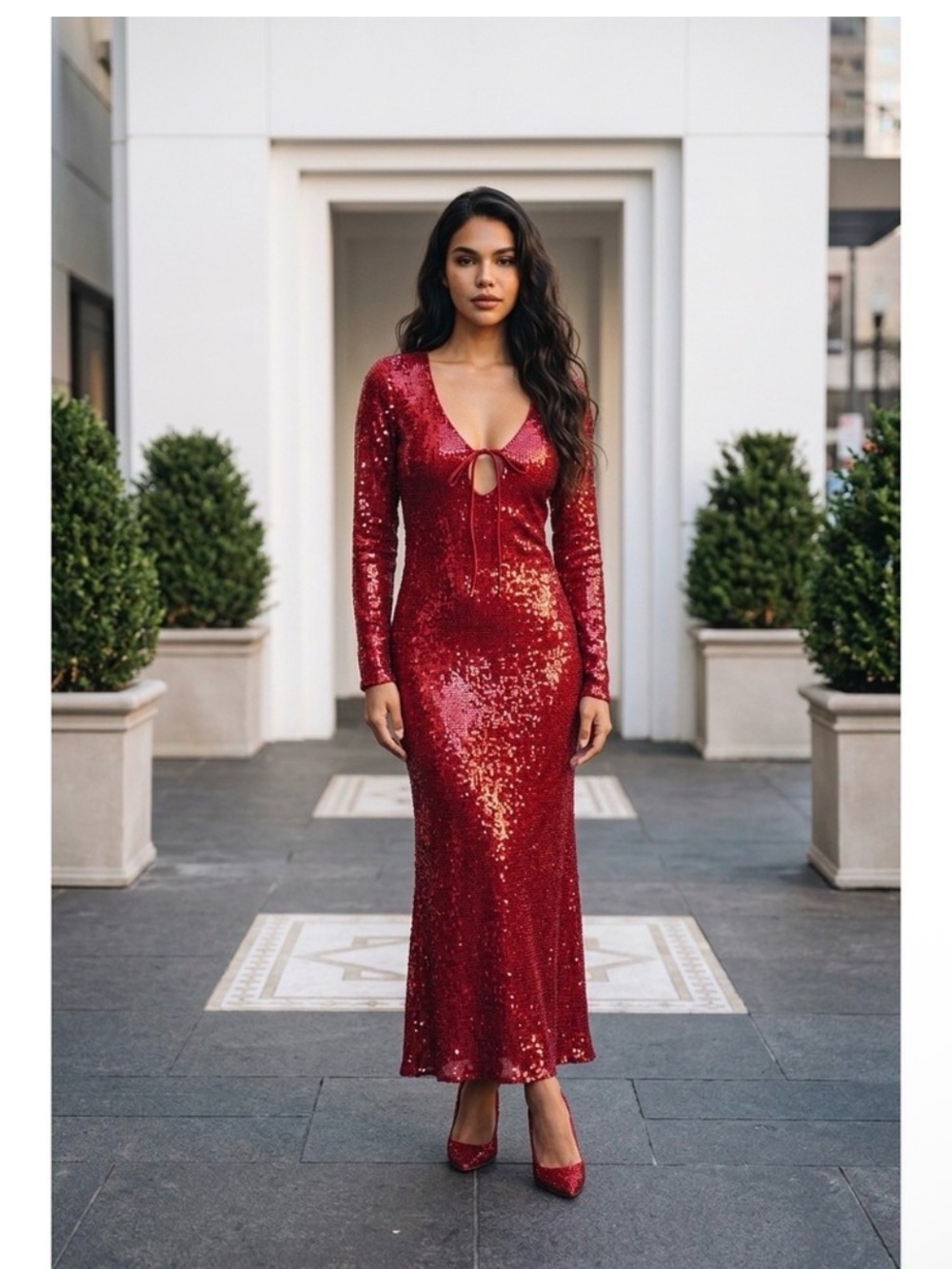 Bardot Red Sequin Tie-Front Maxi Dress